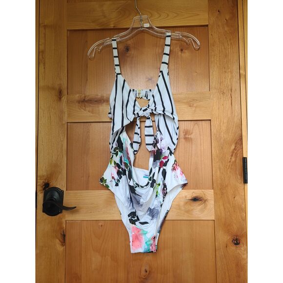 ModCloth 1X One Piece Swimsuit Bathing Suit Floral Tie Front Striped Resort XL - Picture 1 of 5